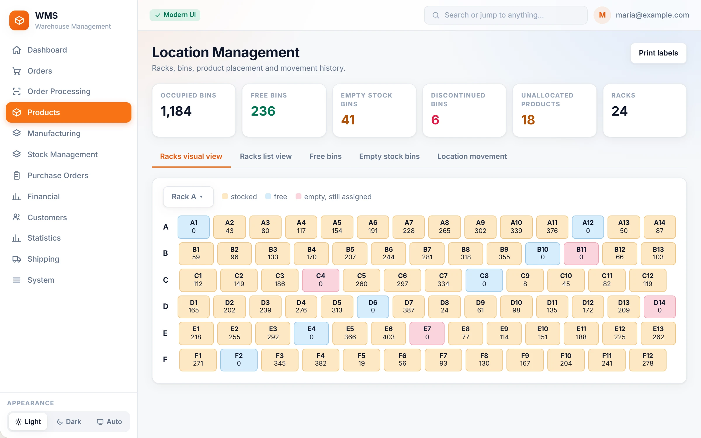 Location management: a rack map coloured by stocked, free and empty bins