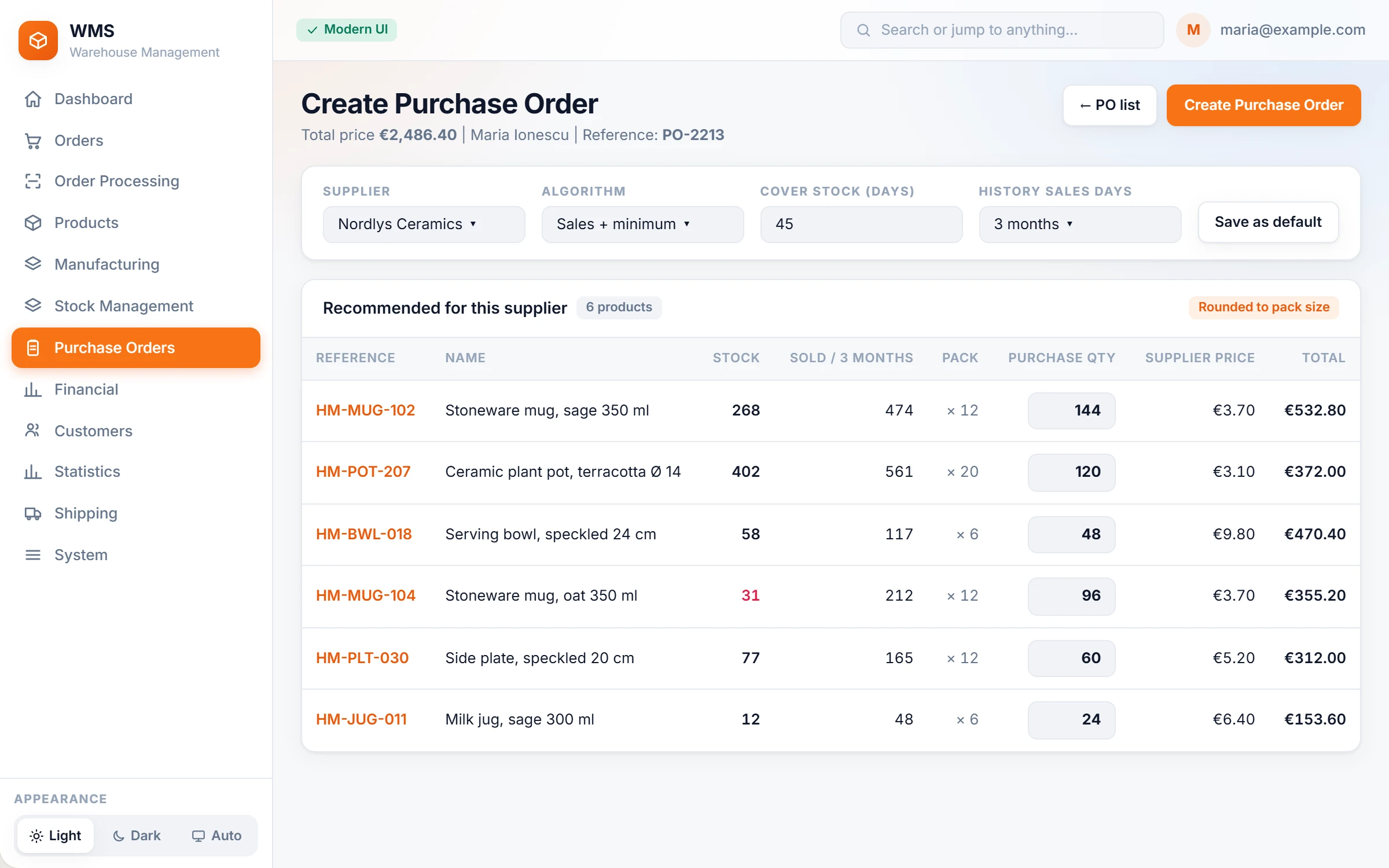 Create purchase order: pick a supplier and Pulsa proposes what to buy
